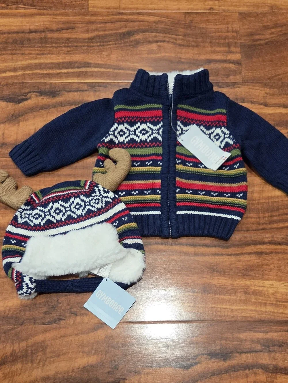 Gymboree NWT 0-3 Months Navy/Red Fair Isle Zip Sweater and Moose Hat Set